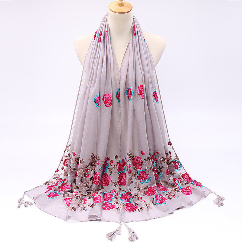 Cotton And Linen Embroidered Fringe Scarf