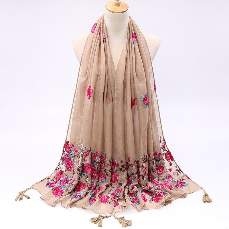 Cotton And Linen Embroidered Fringe Scarf