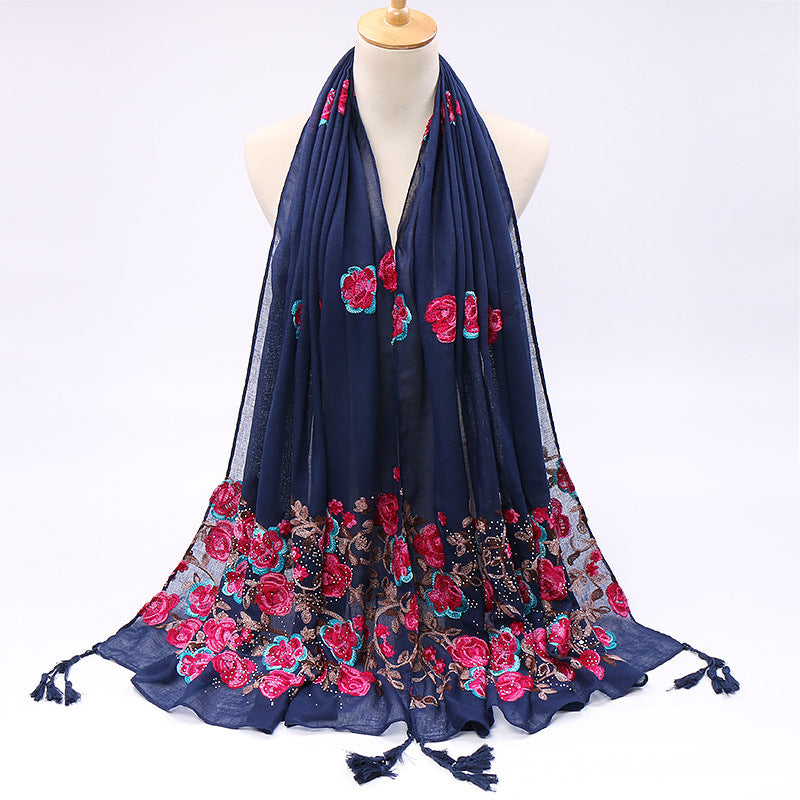 Cotton And Linen Embroidered Fringe Scarf