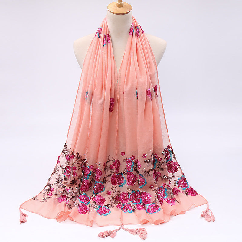 Cotton And Linen Embroidered Fringe Scarf