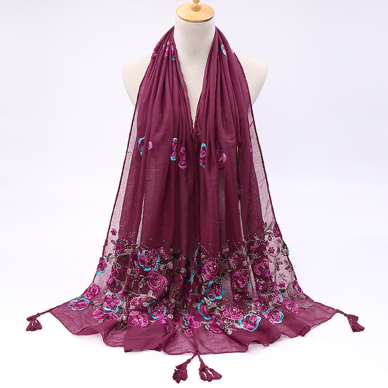 Cotton And Linen Embroidered Fringe Scarf