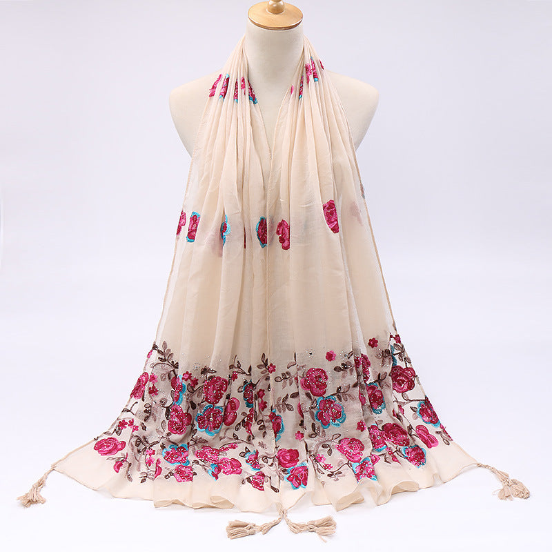 Cotton And Linen Embroidered Fringe Scarf