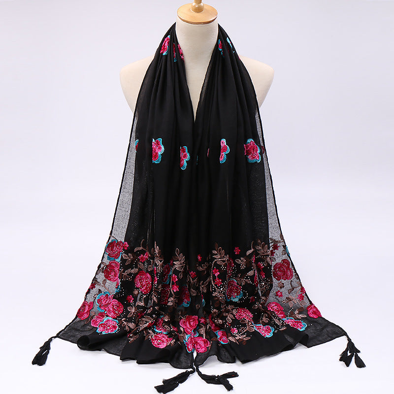 Cotton And Linen Embroidered Fringe Scarf