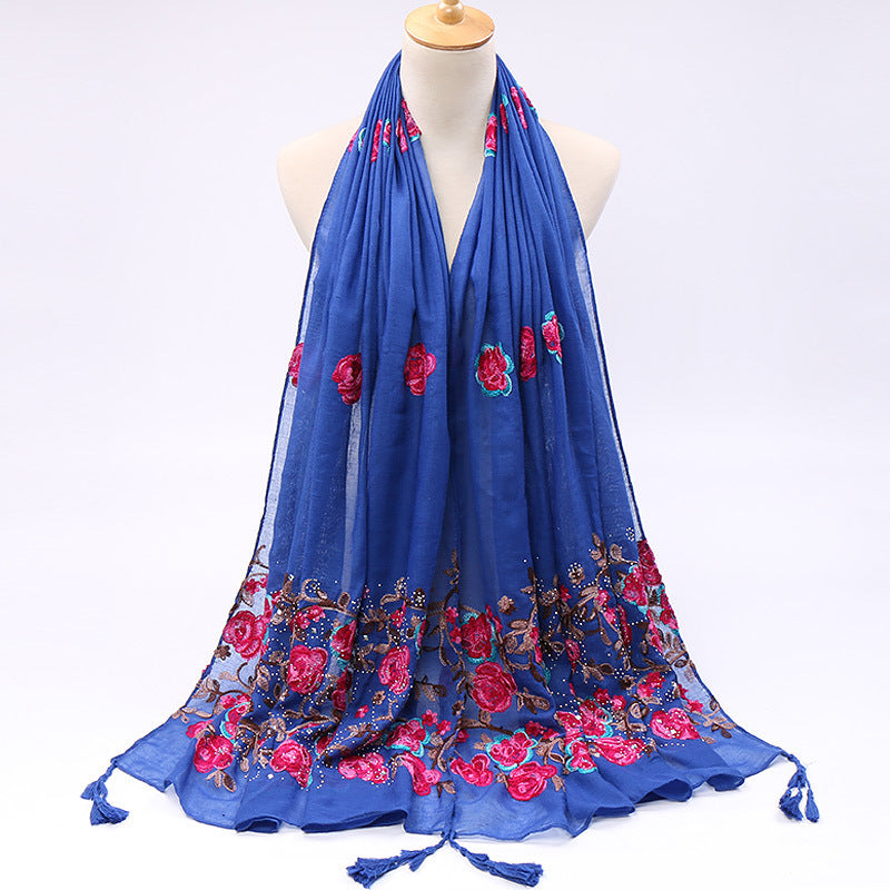 Cotton And Linen Embroidered Fringe Scarf