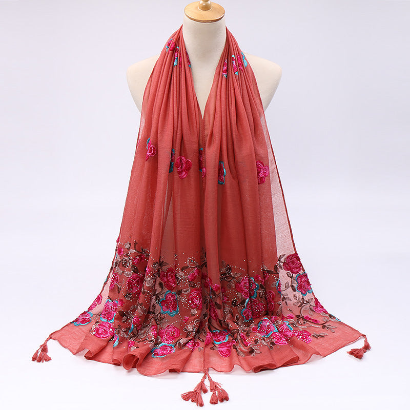 Cotton And Linen Embroidered Fringe Scarf