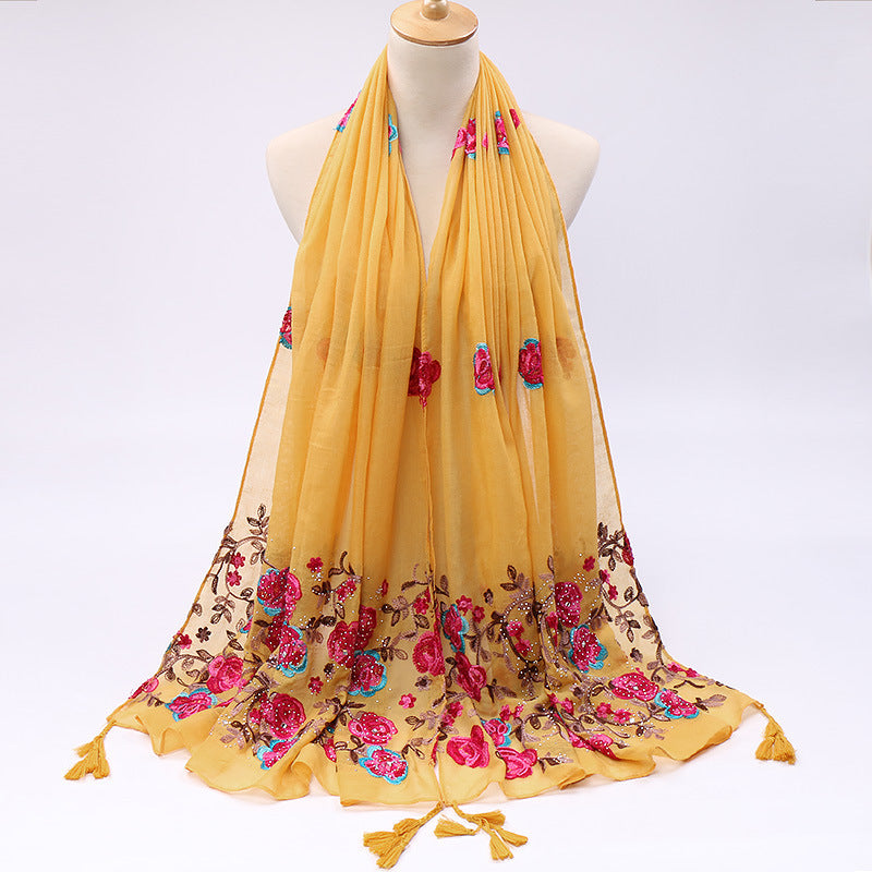 Cotton And Linen Embroidered Fringe Scarf