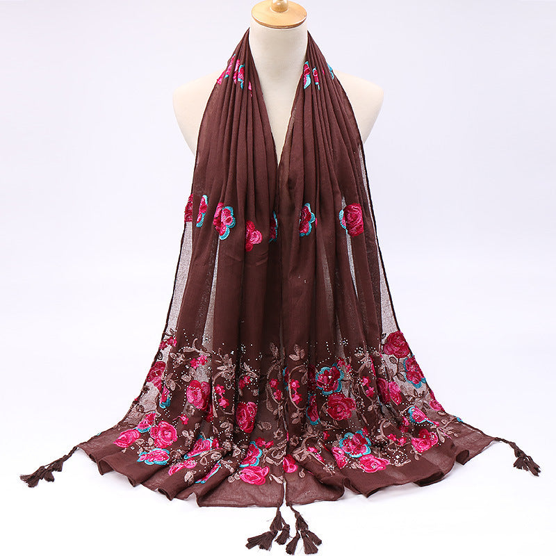 Cotton And Linen Embroidered Fringe Scarf