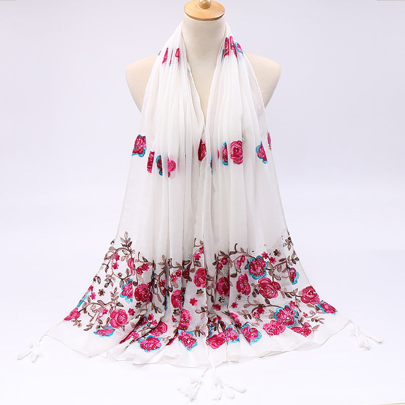Cotton And Linen Embroidered Fringe Scarf