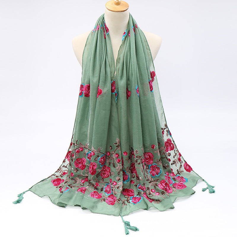 Cotton And Linen Embroidered Fringe Scarf